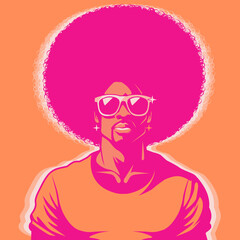 Handsome man with afro style curly hair, acid and psychedelic colors. Poster music soul, funk or disco style 60s or 70s