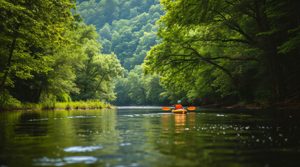 A peaceful kayaking journey along a serene river surrounded by lush greenery.