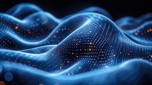 blue and gold luminous particles in cyberspace with depth of field