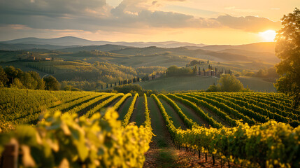 A vineyard, with rolling hills of grapevines as the background, during a sun-drenched day in the Chianti region - obrazy, fototapety, plakaty
