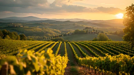 Fototapeten A vineyard, with rolling hills of grapevines as the background, during a sun-drenched day in the Chianti region © CanvasPixelDreams