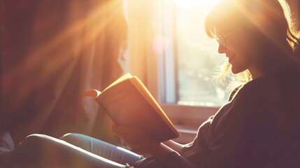 A person reading a book in a sunbeam with a peaceful and contented smile. - obrazy, fototapety, plakaty