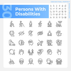 People with disabilities linear icons set. Intellectual disability, neurology illness. Genetic disorder. Customizable thin line symbols. Isolated vector outline illustrations. Editable stroke