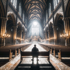 a person sitting on a bench in a church, a stock photo shutterstock contest winner, gothic art, sanctuary, stockphoto, playstation 5 screenshot