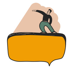 Businessman stands on speech bubble and shows direction with his hand. Motivated man ready to implement an idea. Embodiment of innovation. Message bubble. Vector illustration