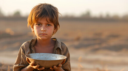 A poignant image of a young child in a desolate landscape holding an empty bowl with a backdrop of barren fields.