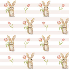 Cute bunny seamless pattern. Watercolor rabbit with tulip. Vector backgrounds in pastel colors