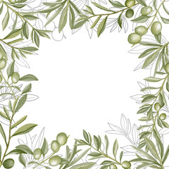 Hand drawn watercolor frame with olive branches and leaves on white background. Perfect for creating cards, print, wedding invitation.