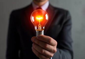 A businessman showcasing a lit light bulb, brainstorming idea generation photo