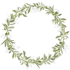 Hand drawn watercolor frame, wreath with olive branches and leaves on white background. Perfect for...
