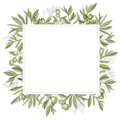 Hand drawn watercolor frame with olive branches and leaves on white background. Perfect for creating cards, print, wedding invitation.