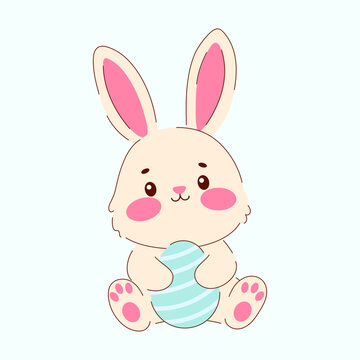 Happy Easter greeting card with cute bunny and colourful egg. Сute rabbit holding Easter egg