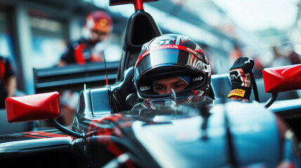 A race car driver gearing up in a Formula 1 car moments before the race. - obrazy, fototapety, plakaty