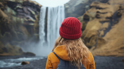 Woman Wearing Red Hat Standing in Front of Waterfall