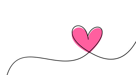 Pink heart continuous wavy line art drawing on white background.