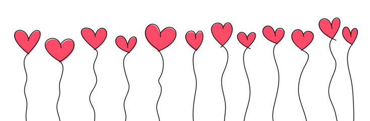 Pink balloon hearts, wavy line art drawing on white background.