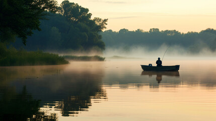 A relaxing scene of fishing on a quiet lake at dawn.