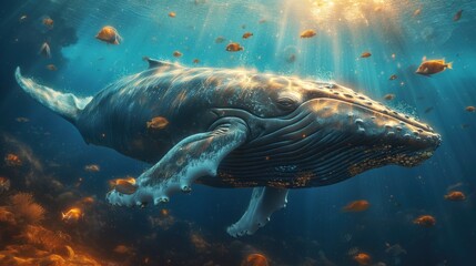 huge whale underwater closeup - obrazy, fototapety, plakaty