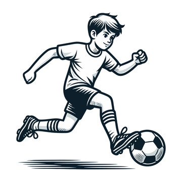recommend clip art: Happy cute little boy playing soccer football game in action cartoon vector illustration, kid player kicking ball design template isolated on white background