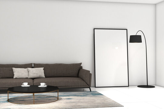 Modern living room with frame mock up on the wall. Design 3d rendering of gray and white images. Design print for illustration, presentation, mock up, interior, cover, zoom background. Set 4