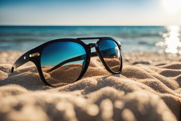 Fototapeta na wymiar Sunglasses on Sunny Beach Sand