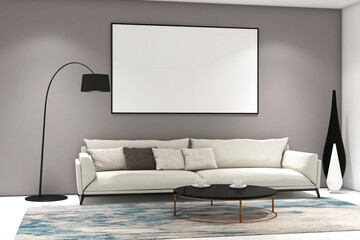 Modern living room with frame mock up on the wall. Design 3d rendering of gray and white images. Design print for illustration, presentation, mock up, interior, cover, zoom background. Set 8