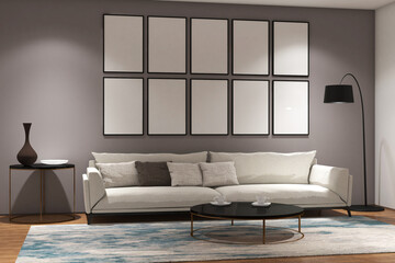 Modern living room with 10 frames mock up on the wall. Design 3d rendering of gray and white images. Design print for illustration, presentation, mock up, interior, cover, zoom background. Set 11