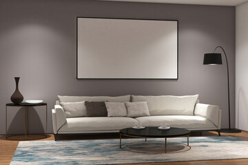 Modern living room with frame mock up on the wall. Design 3d rendering of gray and white images. Design print for illustration, presentation, mock up, interior, cover, zoom background. Set 13