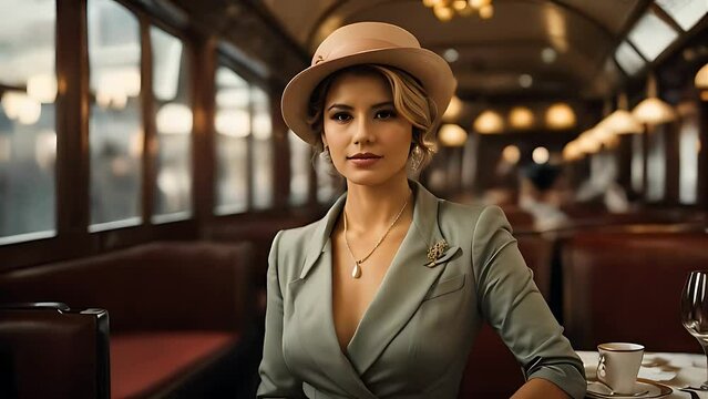 An elegant woman in the Orient Express train restaurant