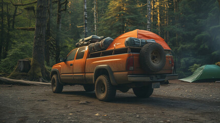 A rugged pickup truck loaded with camping gear set against a backdrop of a forested camping site. - obrazy, fototapety, plakaty