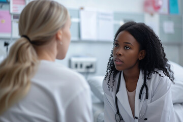a black female doctor sitting in a ward and listening attentively to a patient complaining about her illnesses, the concept of patient care, promoting a healthy lifestyle - obrazy, fototapety, plakaty