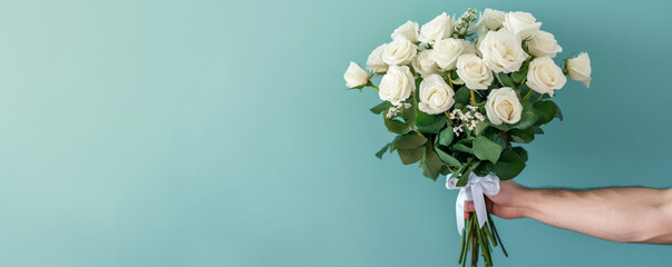 banner,a man's hand holding a large bouquet of white roses,with a white ribbon,on a light blue background,a place for text on the left,a design concept for festive materials