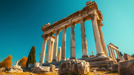 A historic Roman monument, with clear blue skies as the background, during a warm midday exploration