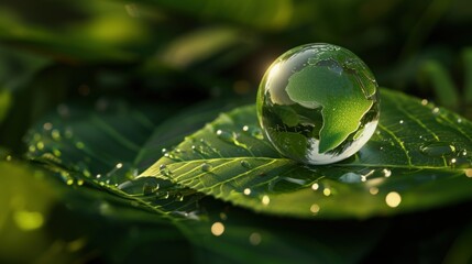 A glass globe with continents rests gracefully on a lush green leaf. 