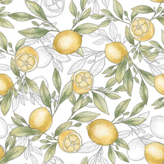 Seamless vector background with watercolor lemons. Juicy lemons seamless pattern. Lemons sketch