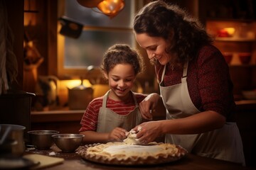 mother s with her kids cooking pie in the kitchen to day casual lifestyle real life interior homey homelike home environment holiday village traditional values candles concept image of a proper family - obrazy, fototapety, plakaty