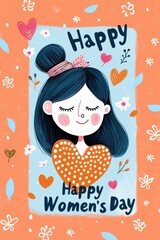 Happy Women's Day orange card with cute brunette woman in blue frame with vibrant heart, vector illustration.