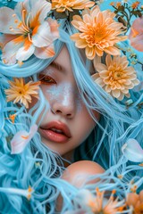 A striking portrait of a human face adorned with delicate flowers, exuding both beauty and strength with its unique combination of blue hair and natural elements