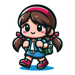 Cute little children stand with backpack, smiling kid heading to school cartoon character, vector illustration isolated on white background