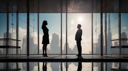 Fototapeta na wymiar Two business women men female male girl boy office enjoying the city view and talking while standing by the large window in office partners colleagues large windows silhouette of people negotiations