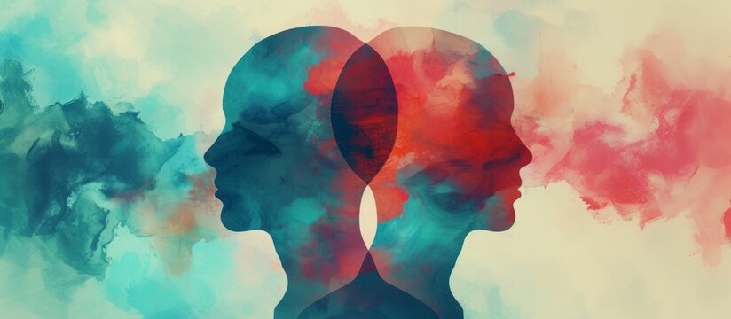 The mental condition known as bipolar disorder involves a split personality concept, symbolized by a silhouette of two heads and representing mood disorders. This concept is associated with the idea