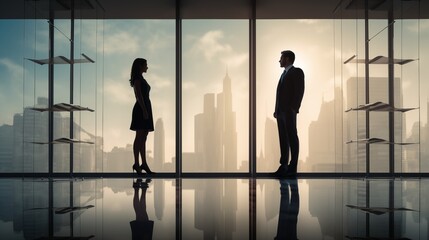 Fototapeta na wymiar Two business women men female male girl boy office enjoying the city view and talking while standing by the large window in office partners colleagues large windows silhouette of people negotiations