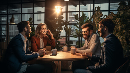 
A dynamic photo captures a creative team in action, enjoying a coffee break at the office. 