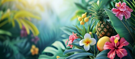 Blooming tropical plants create a beautiful garden with tropical fruits on sunny days. - obrazy, fototapety, plakaty