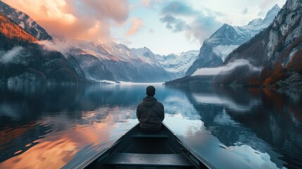 Man sits on a boat, gazing towards the majestic mountain view. - obrazy, fototapety, plakaty