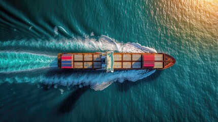 cargo ship seen from above on the high seas - obrazy, fototapety, plakaty