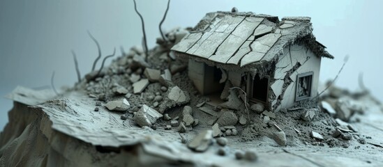 A small representation of a damaged structure, cracking and collapsing.