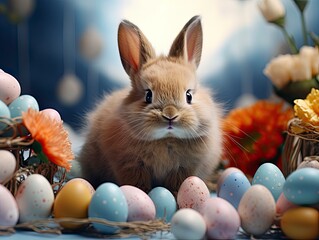 Easter bunny with Easter eggs. Bright background for Easter.