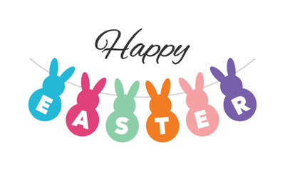 Happy easter bunting flag on white background. Bunny and egg garland, Rabbit pennant. Cute cartoon design elements set for holiday party, event decoration. Vector illustration EPS.