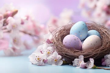 Easter banner in pastel background. Bird's nest with Easter eggs. Happy Easter
